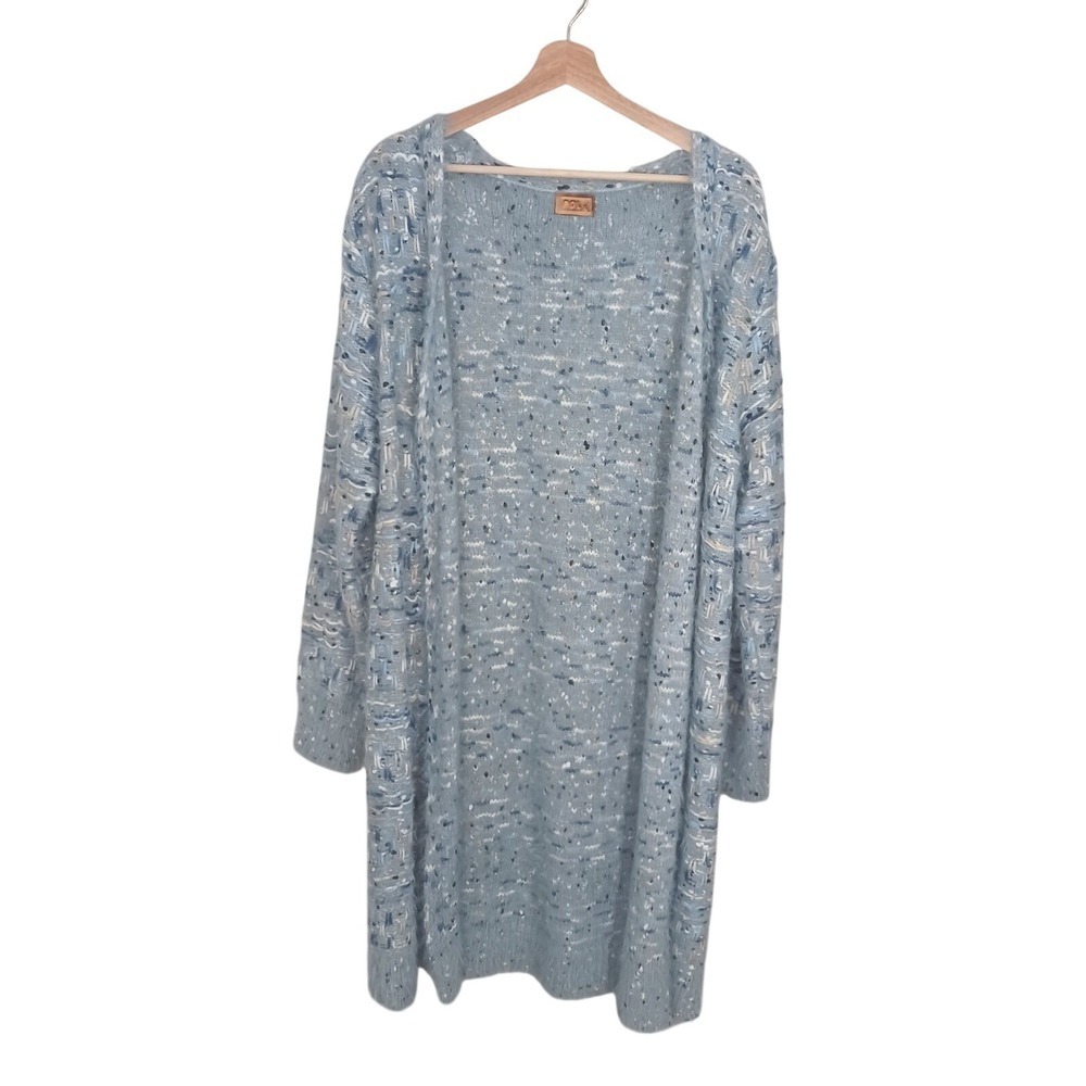 POL Blue Textured Open Front Duster Cardigan Boho Lagenlook Large